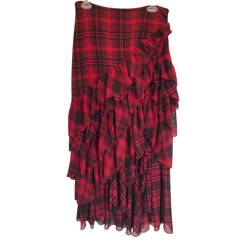 Polo Ralph Lauren Red Black Plaid Tiered Ruffle Maxi Skirt Size 8 Asymmetrical